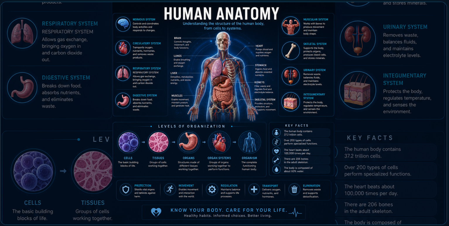Human Anatomy overview with body systems, organs, levels of biological organization, key facts, and clinical anatomy concepts