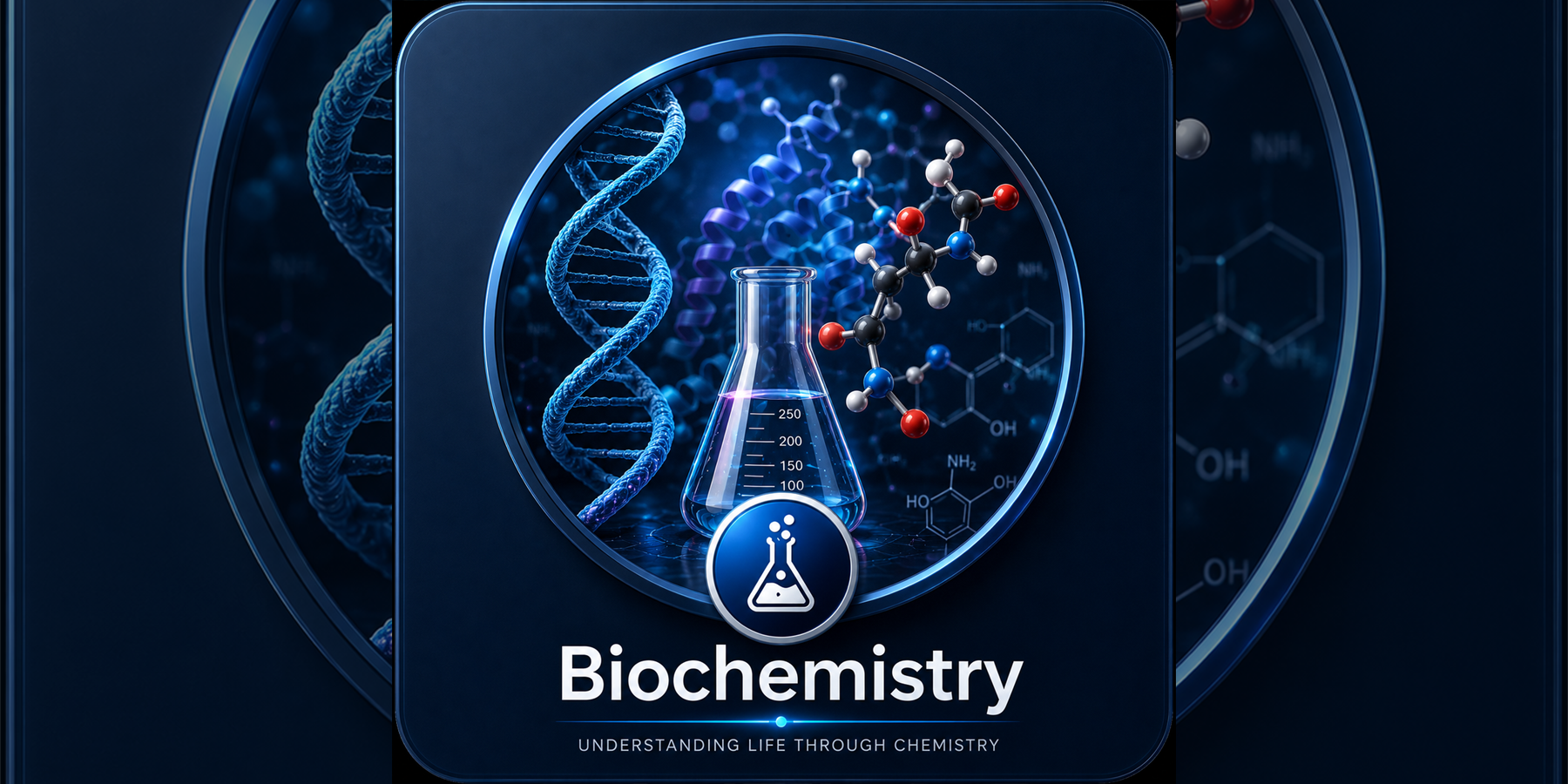 Biochemistry overview with DNA, proteins, chemical molecules, laboratory flask, molecular structures, and life chemistry concepts