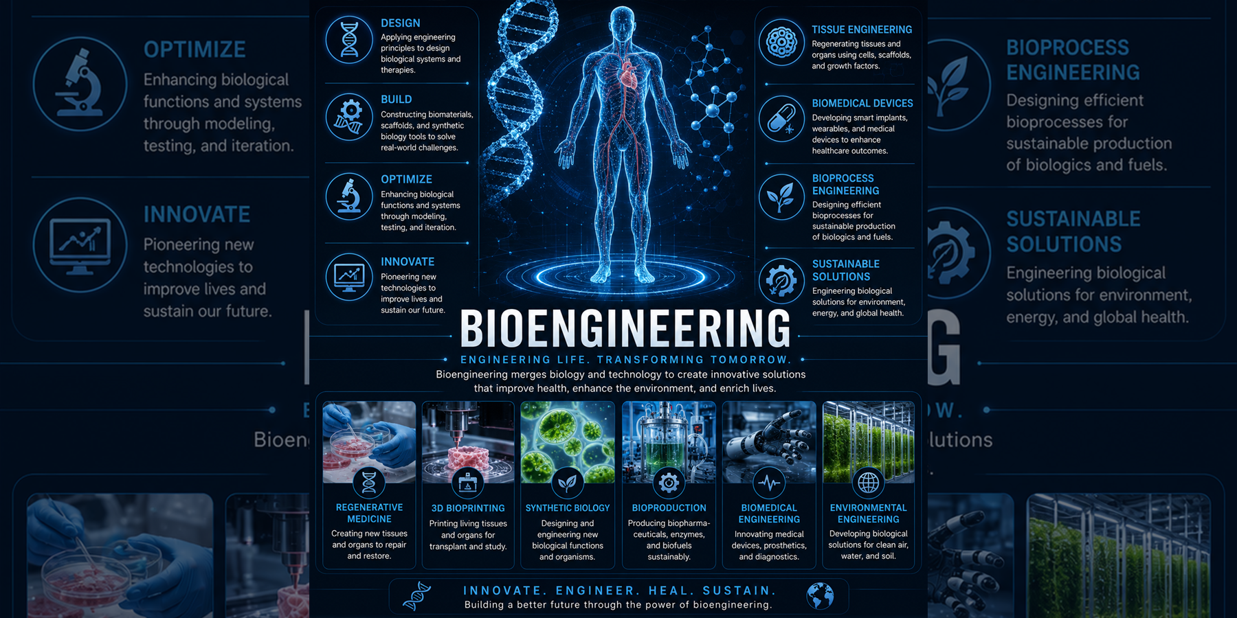 Bioengineering overview with DNA, biomedical engineering, tissue engineering, biomaterials, bioprocess engineering, and regenerative medicine concepts