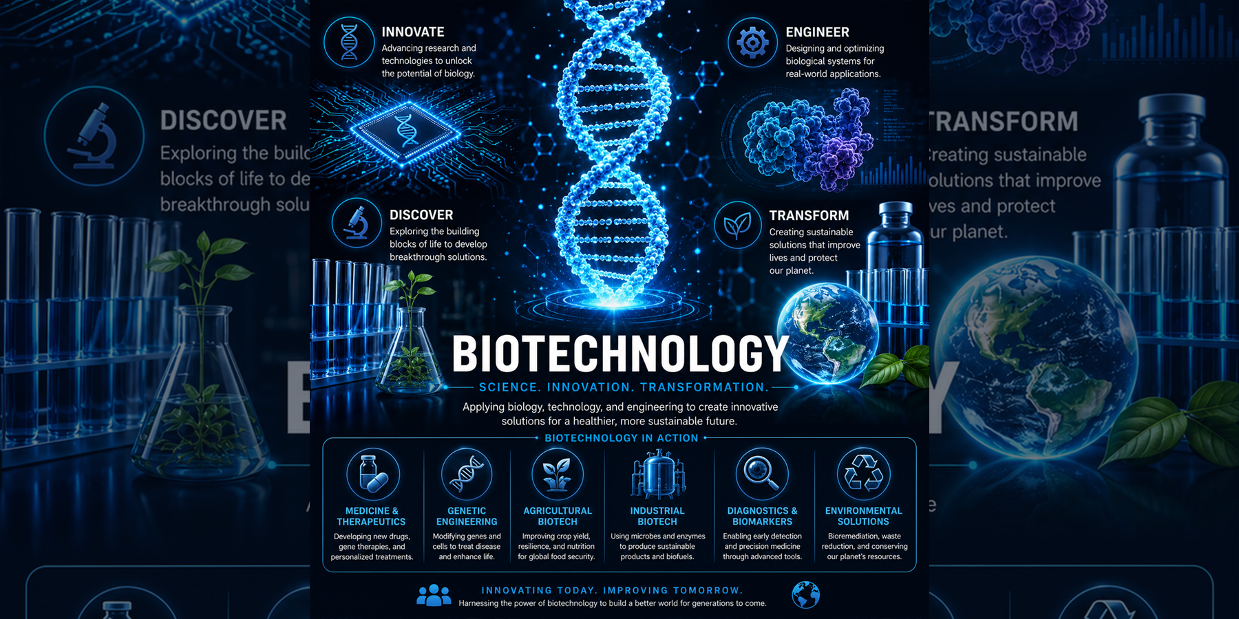 Biotechnology overview with DNA, research, engineering, environmental solutions, therapeutics, diagnostics, and sustainable biological innovation