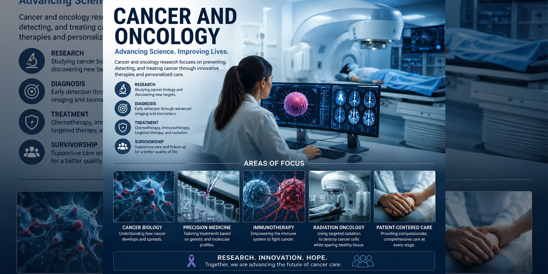 Cancer Oncology overview with cancer biology, diagnosis, treatment, precision medicine, immunotherapy, radiation oncology, and patient-centered care concepts
