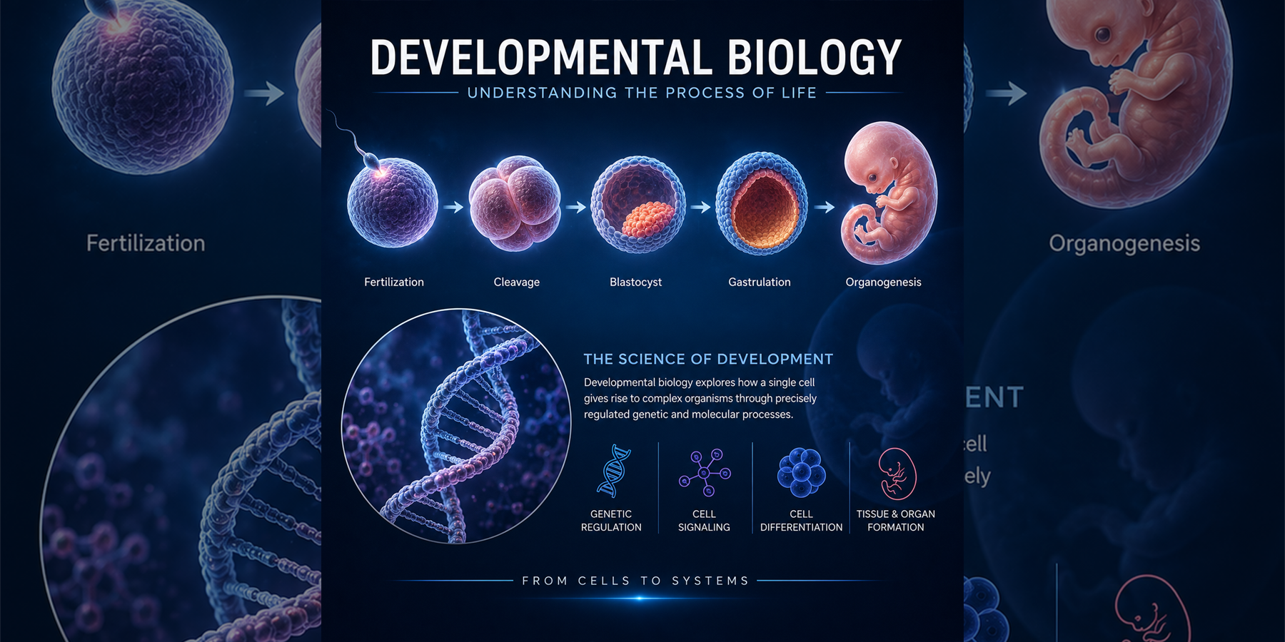 Developmental Biology overview with fertilization, cleavage, blastocyst, gastrulation, organogenesis, genetic regulation, cell signaling, differentiation, and tissue formation concepts