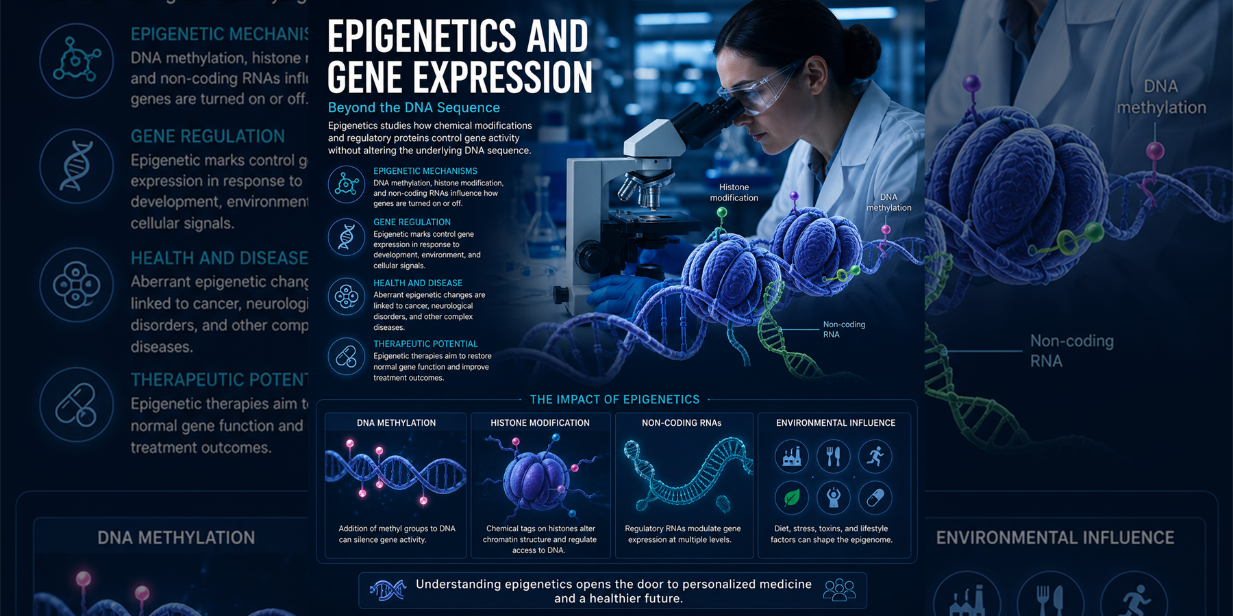 Epigenetic Control and Gene Expression overview with DNA methylation, histone modification, non-coding RNA, environmental influence, and personalized medicine concepts