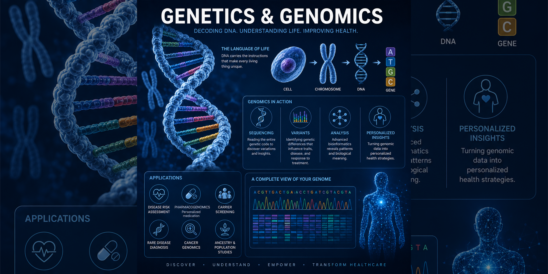 Genetics and Genomics overview with DNA, sequencing, variants, analysis, personalized insights, disease risk, pharmacogenomics, and precision healthcare concepts
