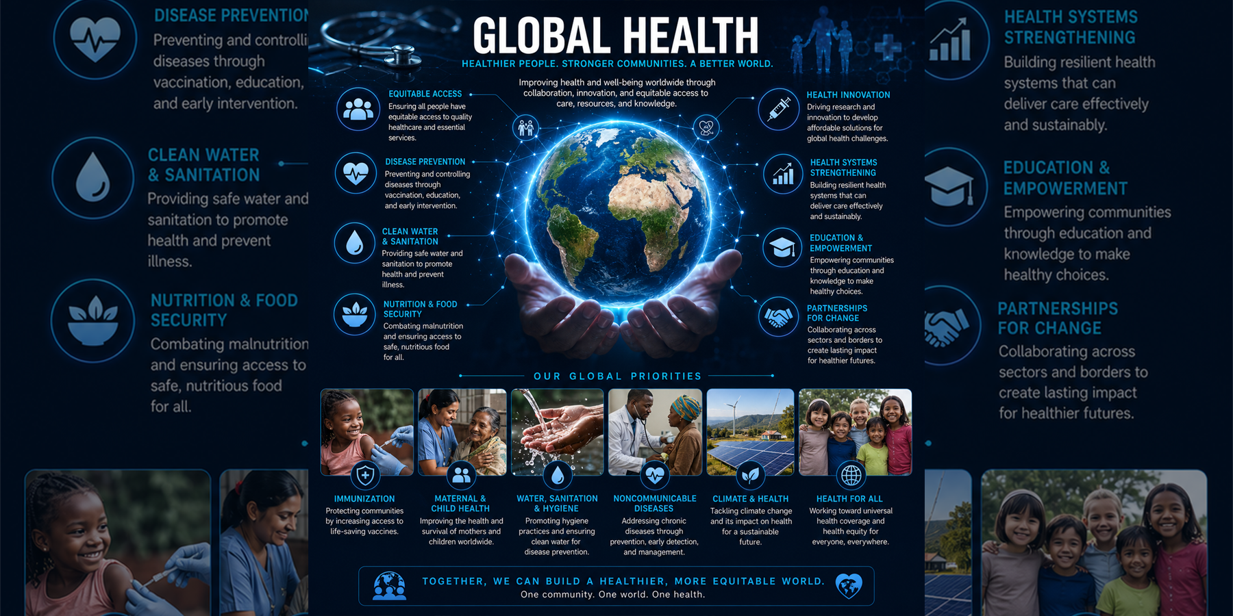 Global Health overview with equitable access, disease prevention, clean water and sanitation, nutrition, health innovation, education, partnerships, and health for all concepts