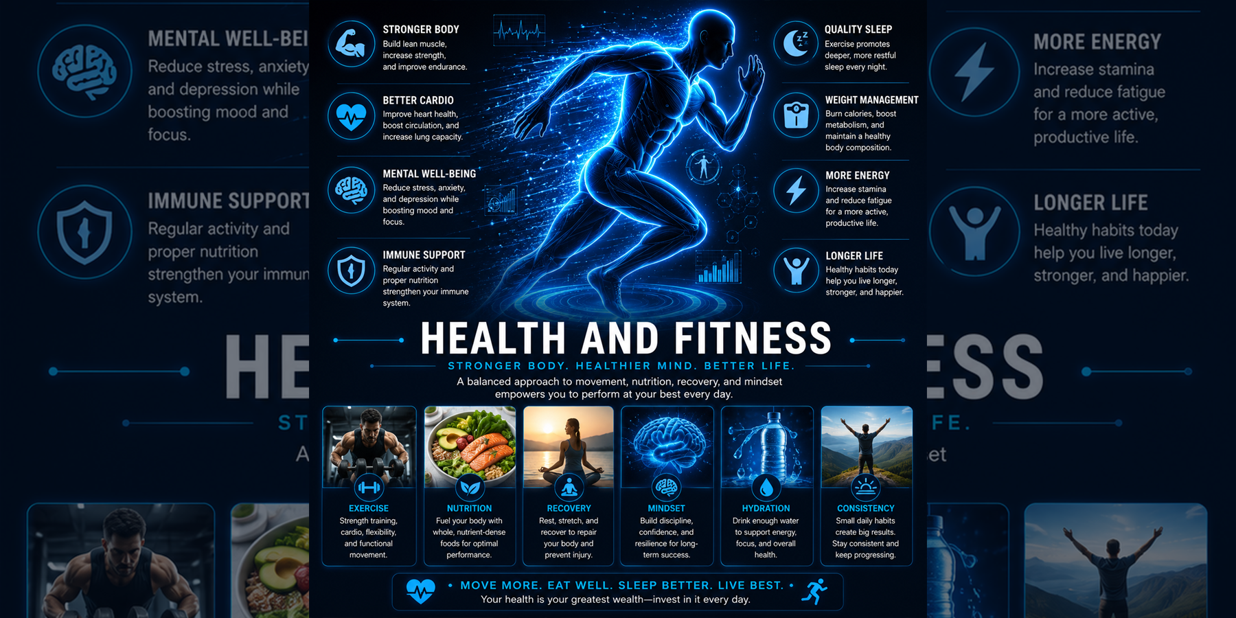 Health and Fitness overview with exercise, nutrition, recovery, sleep, mental well-being, performance, hydration, and healthy lifestyle concepts
