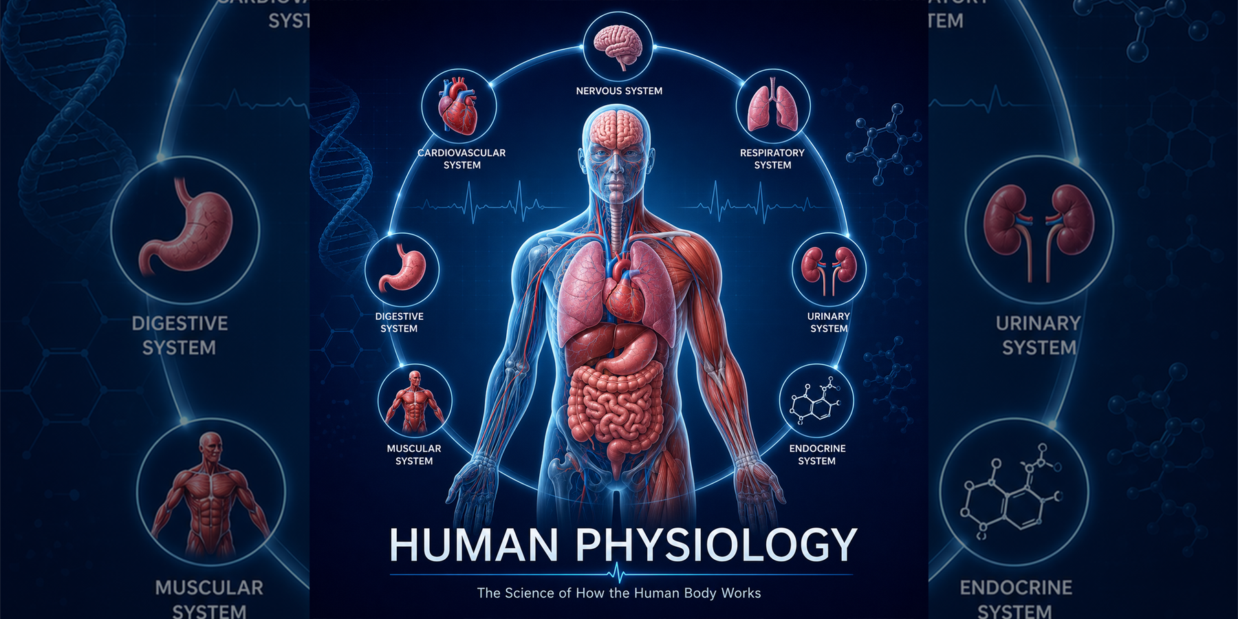 Human Physiology overview with nervous, cardiovascular, respiratory, digestive, muscular, urinary, endocrine, and organ system concepts