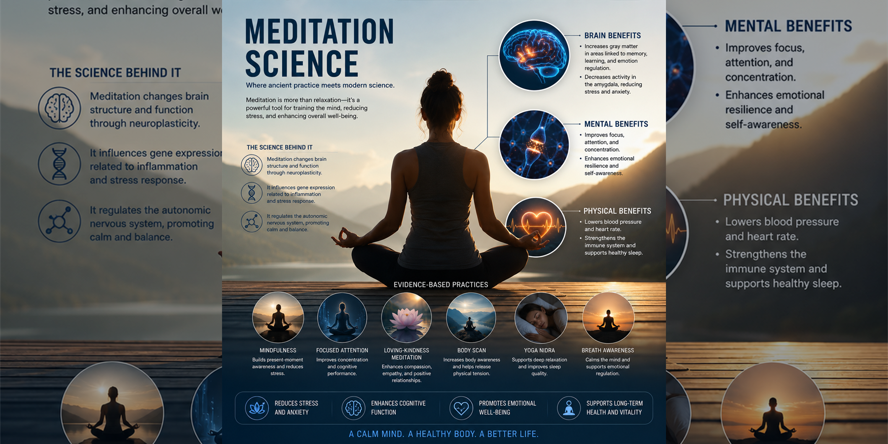 Meditation Science overview with mindfulness, brain benefits, mental benefits, physical benefits, evidence-based practices, stress reduction, and long-term wellness concepts