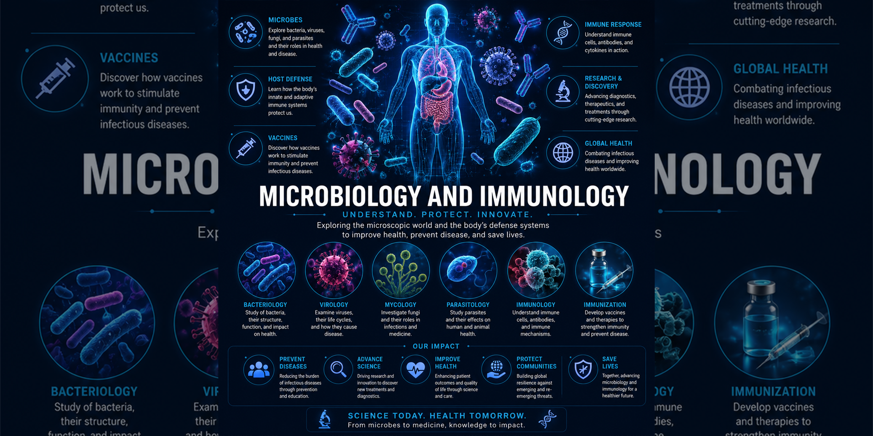 Microbiology and Immunology overview with microbes, host defense, vaccines, immune response, research, global health, bacteriology, virology, mycology, parasitology, immunology, and immunization concepts