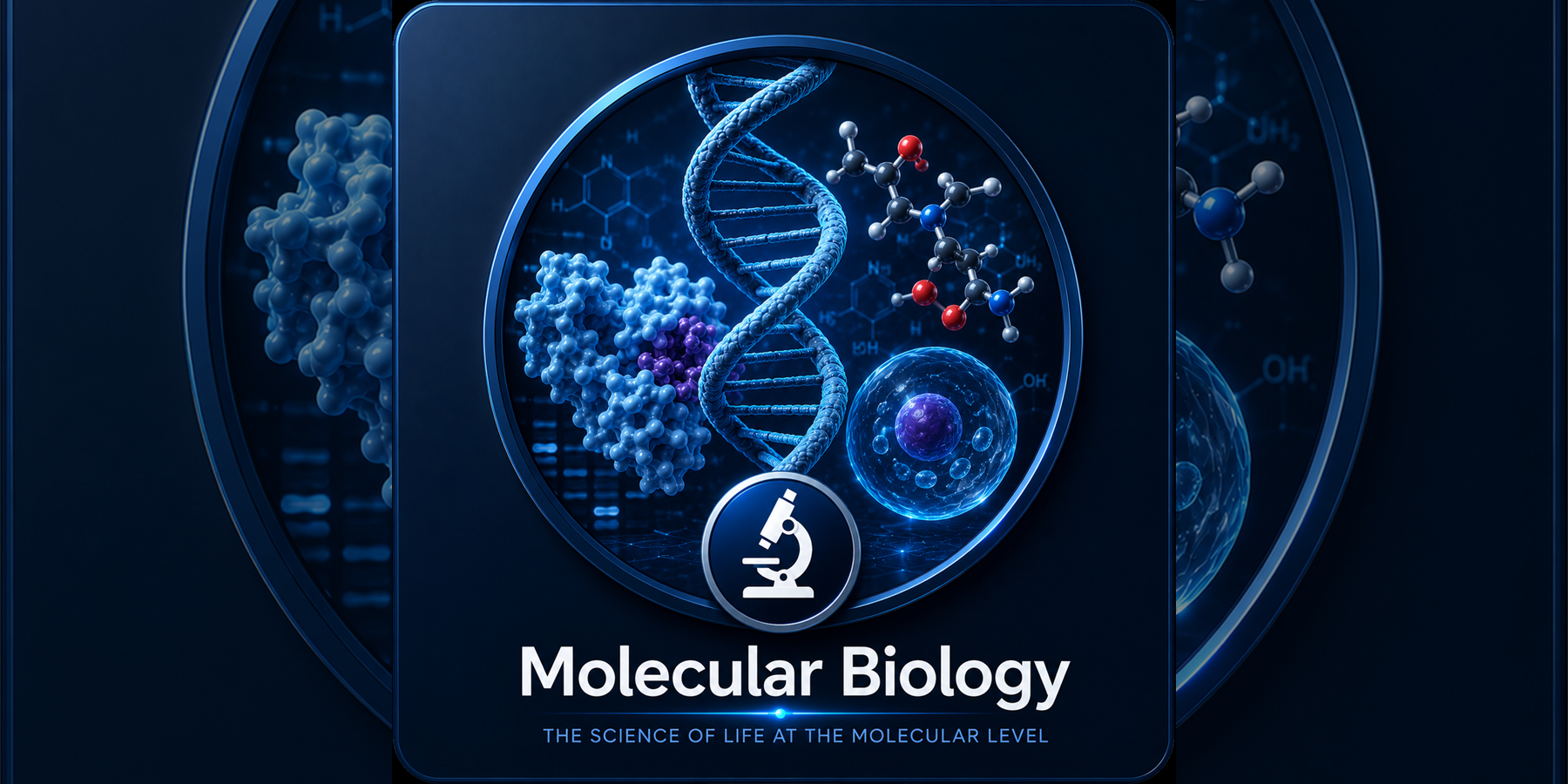 Molecular Biology overview with DNA, proteins, molecules, cells, microscopy, and molecular life science concepts