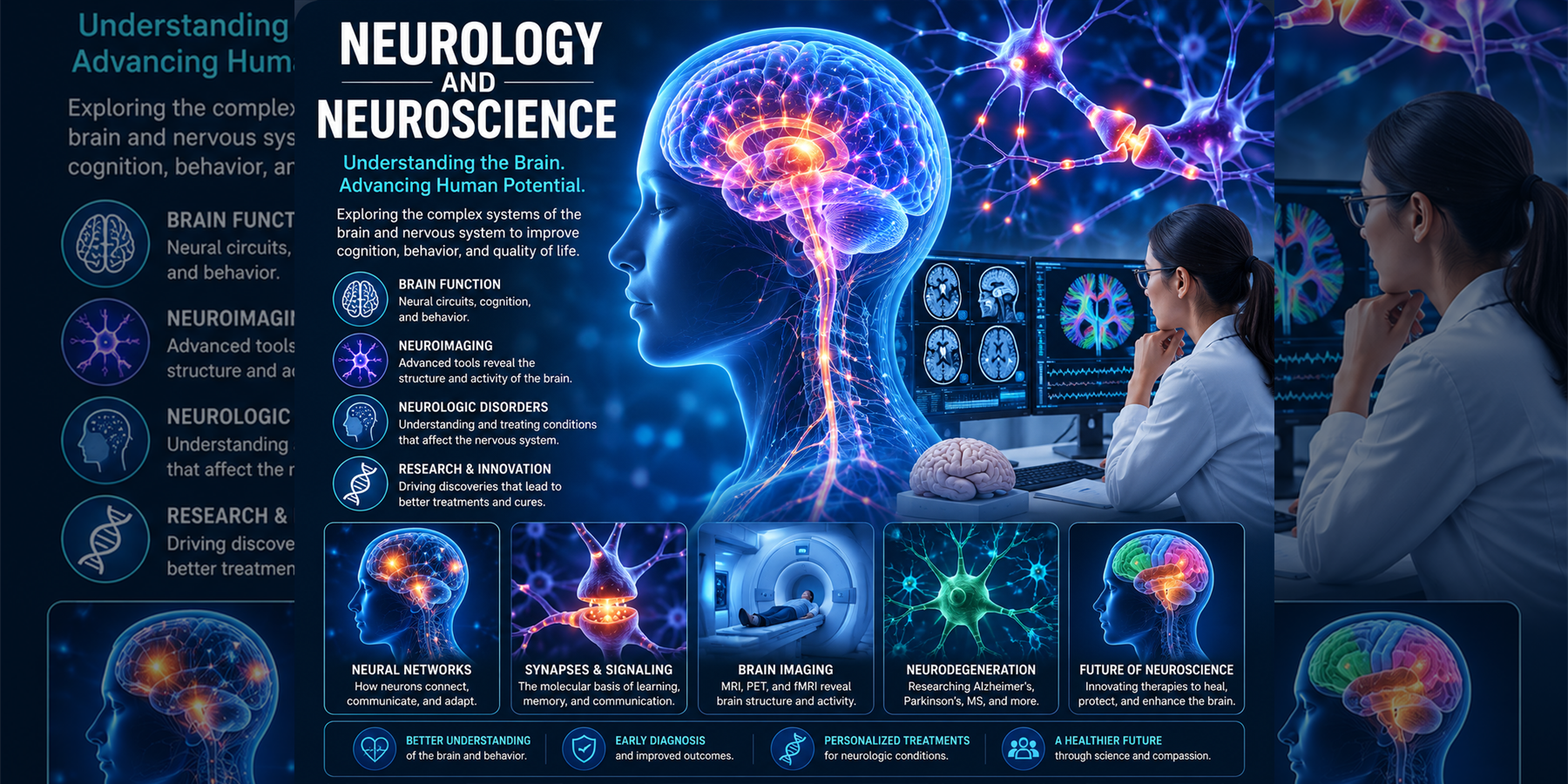 Neurology and Neuroscience overview with brain networks, nerves, cognition, behavior, imaging, and neurologic disease mechanisms