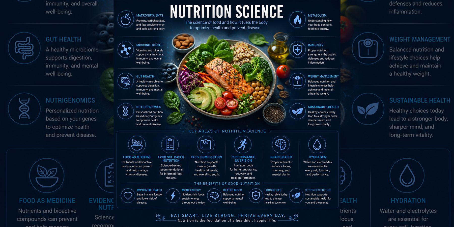Nutrition Science overview with healthy foods, nutrient systems, hydration, metabolism, immunity, and sustainable health concepts