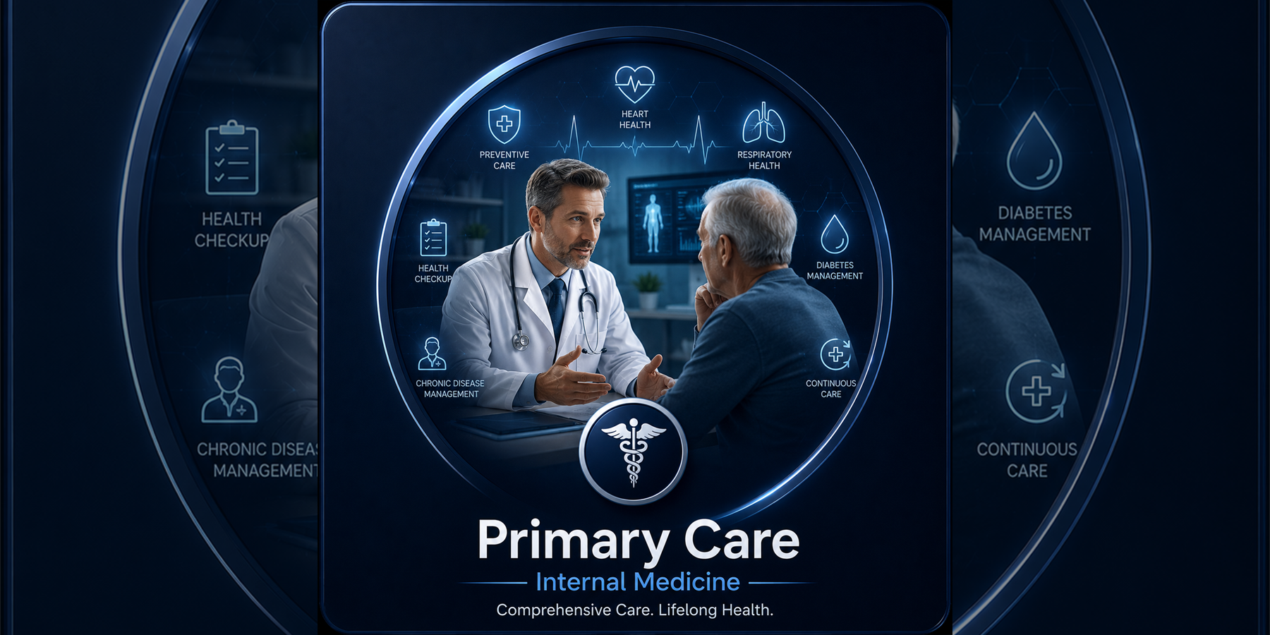 Primary Care - Internal Medicine overview with preventive care, health checkups, chronic disease management, respiratory health, diabetes management, and continuous care concepts