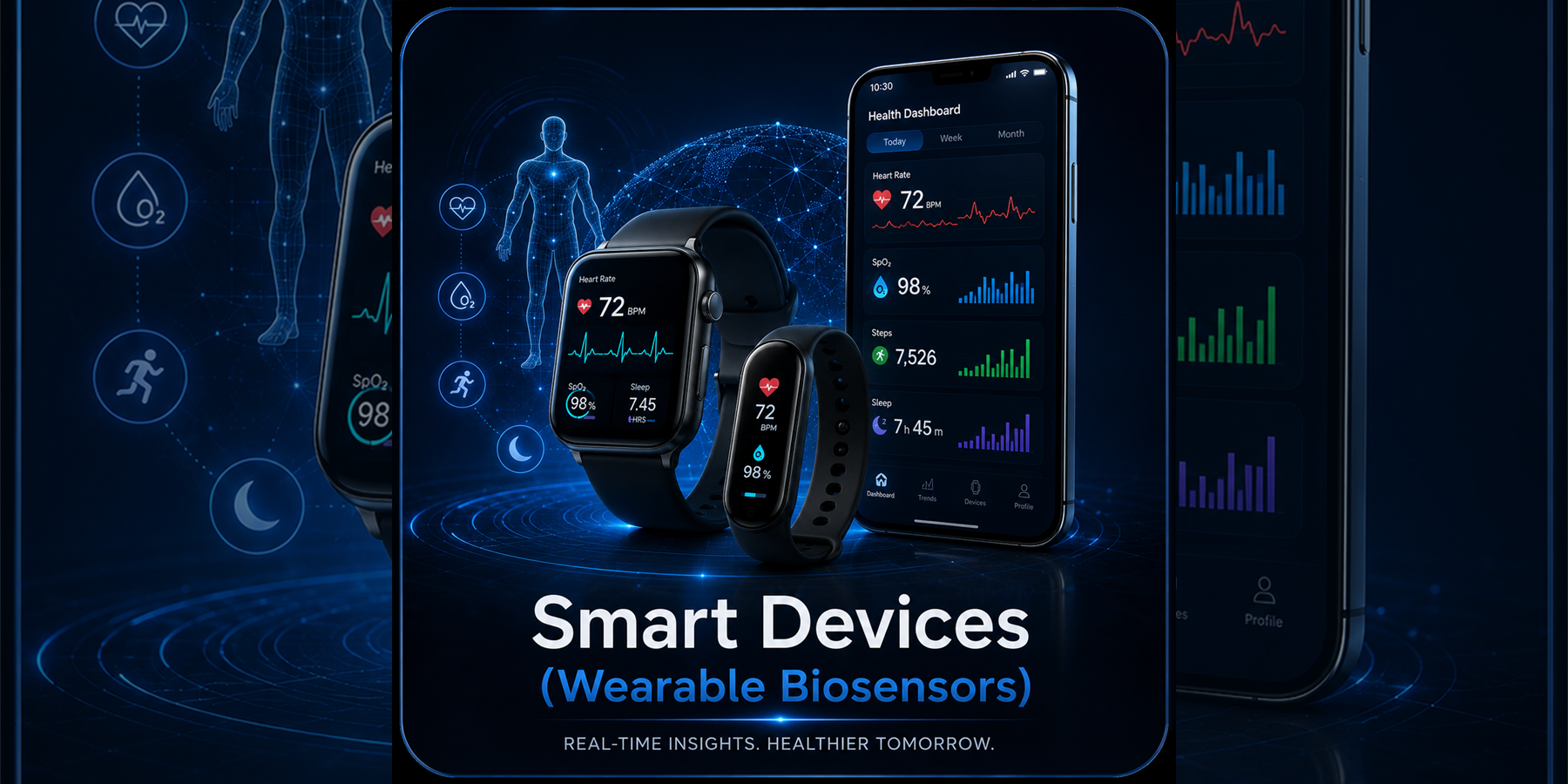 Smart Devices Wearable Biosensors overview with smartwatch, fitness tracker, health dashboard, heart rate, oxygen saturation, steps, sleep, and remote health monitoring concepts