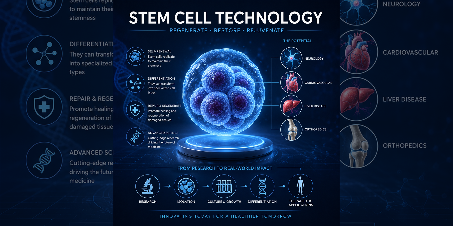 Stem Cell Technology overview with self-renewal, differentiation, repair, regenerative science, and therapeutic applications